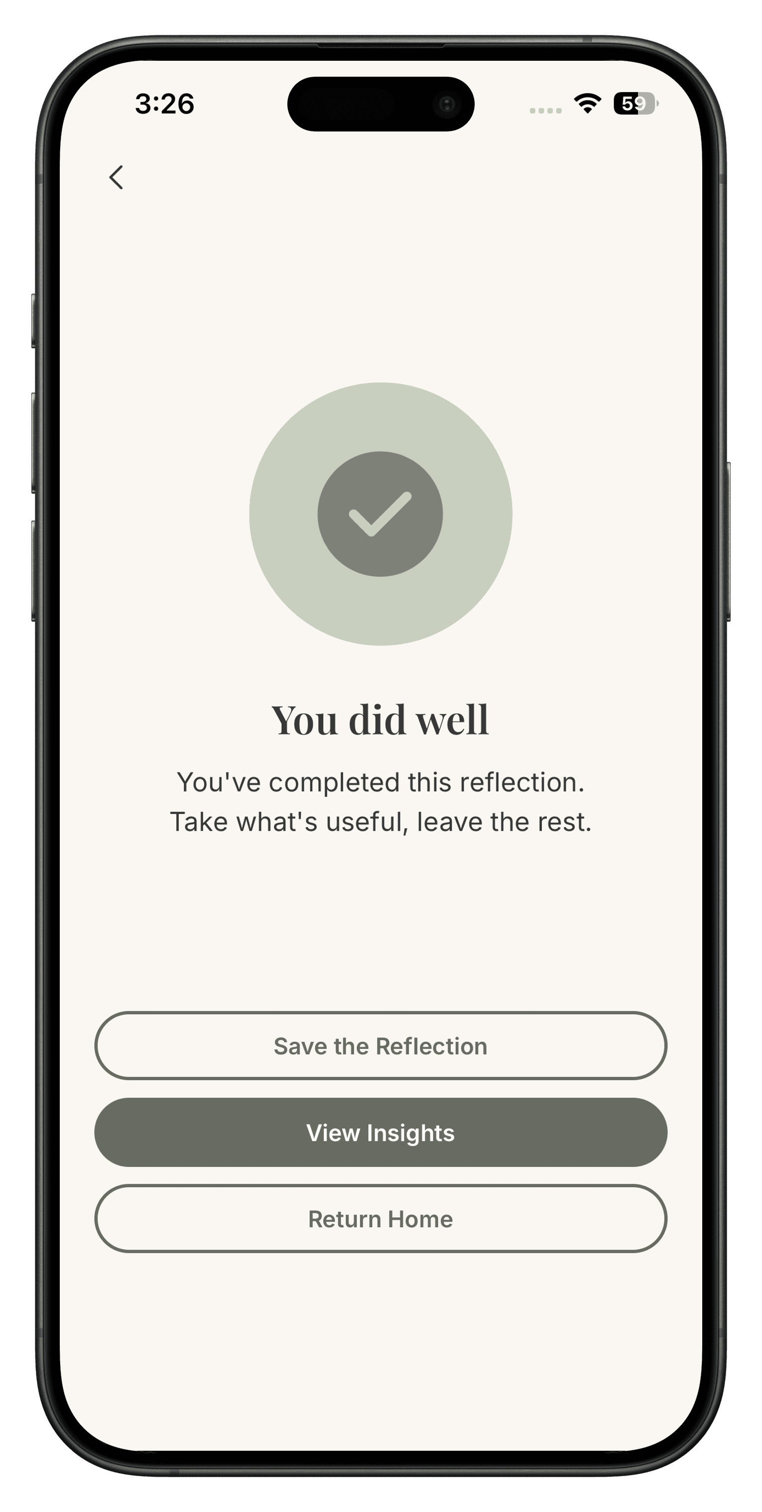 Reflection page showing a saved reflection entry