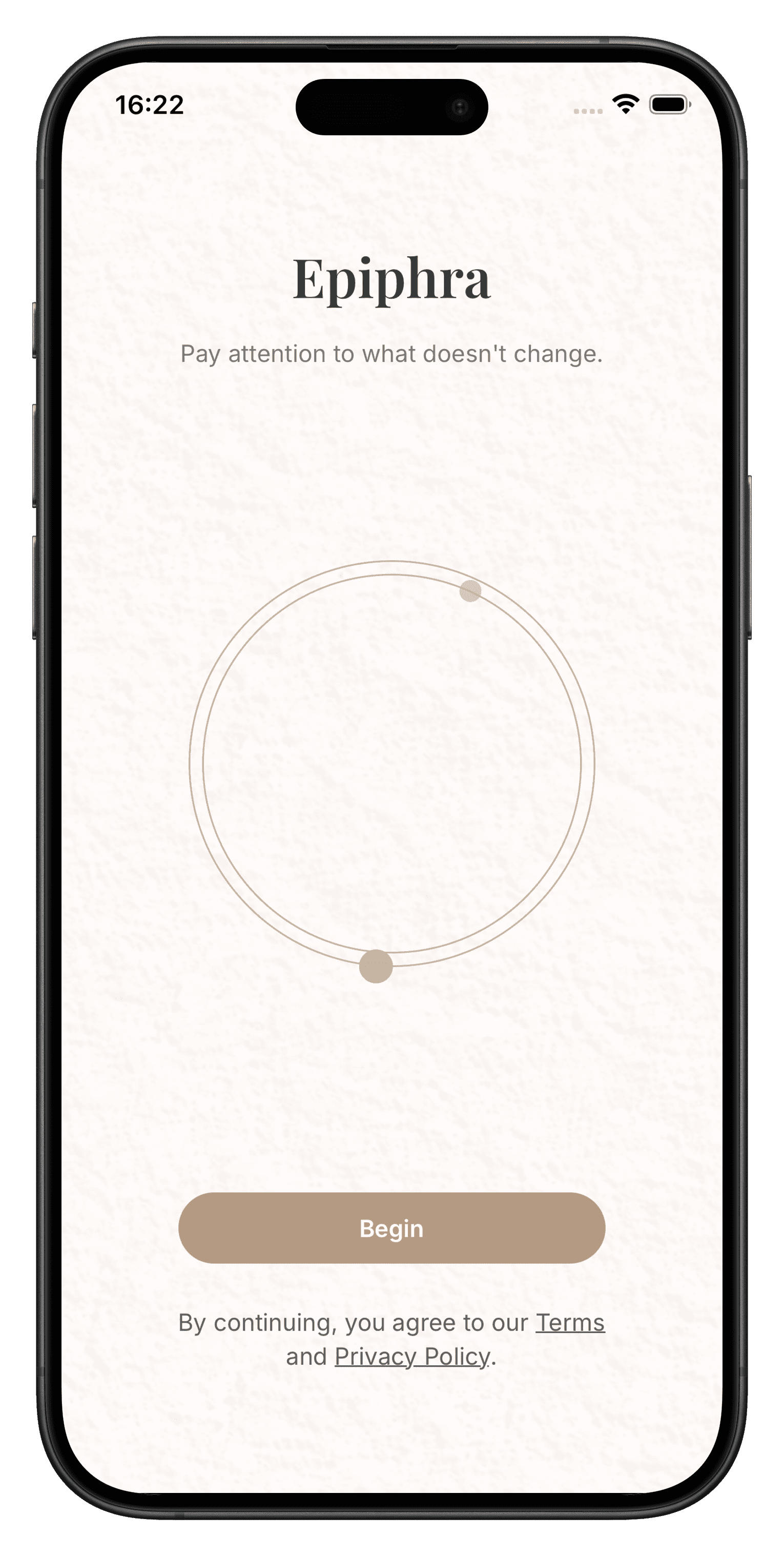 Epiphra welcome screen with Begin button